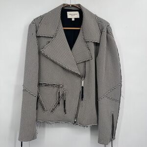 Public School White Black Ragged Out Houndstooth Zip Up Coat Jacket Size Large